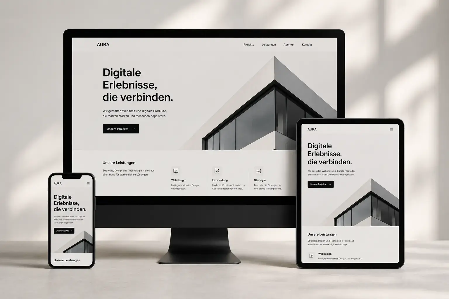 Entwurf einer Website auf Bildschirm, Tablet und Smartphone